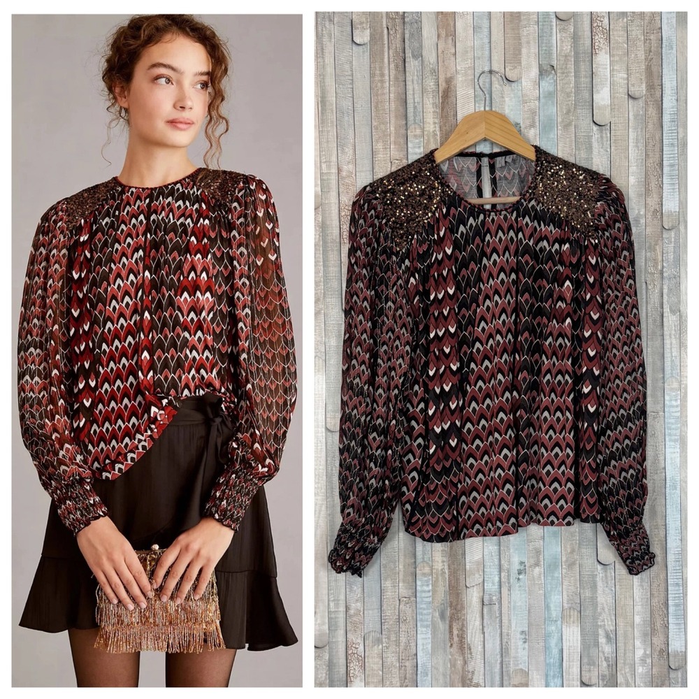 Anthropologie Bl-nk London Sequin Embellished Balloon Sleeve Blouse Top Red L